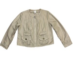 Chico's Cotton Linen Blend‎ Zip Utility Jacket 2/L Khaki Cargo Minimalist